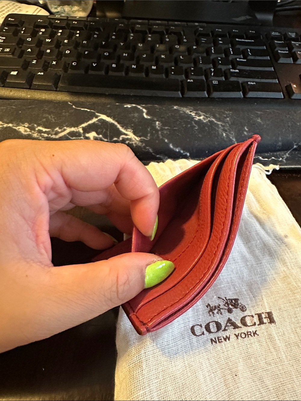 Coach Red Signature Embossed Leather Card Case - Picture 9 of 10